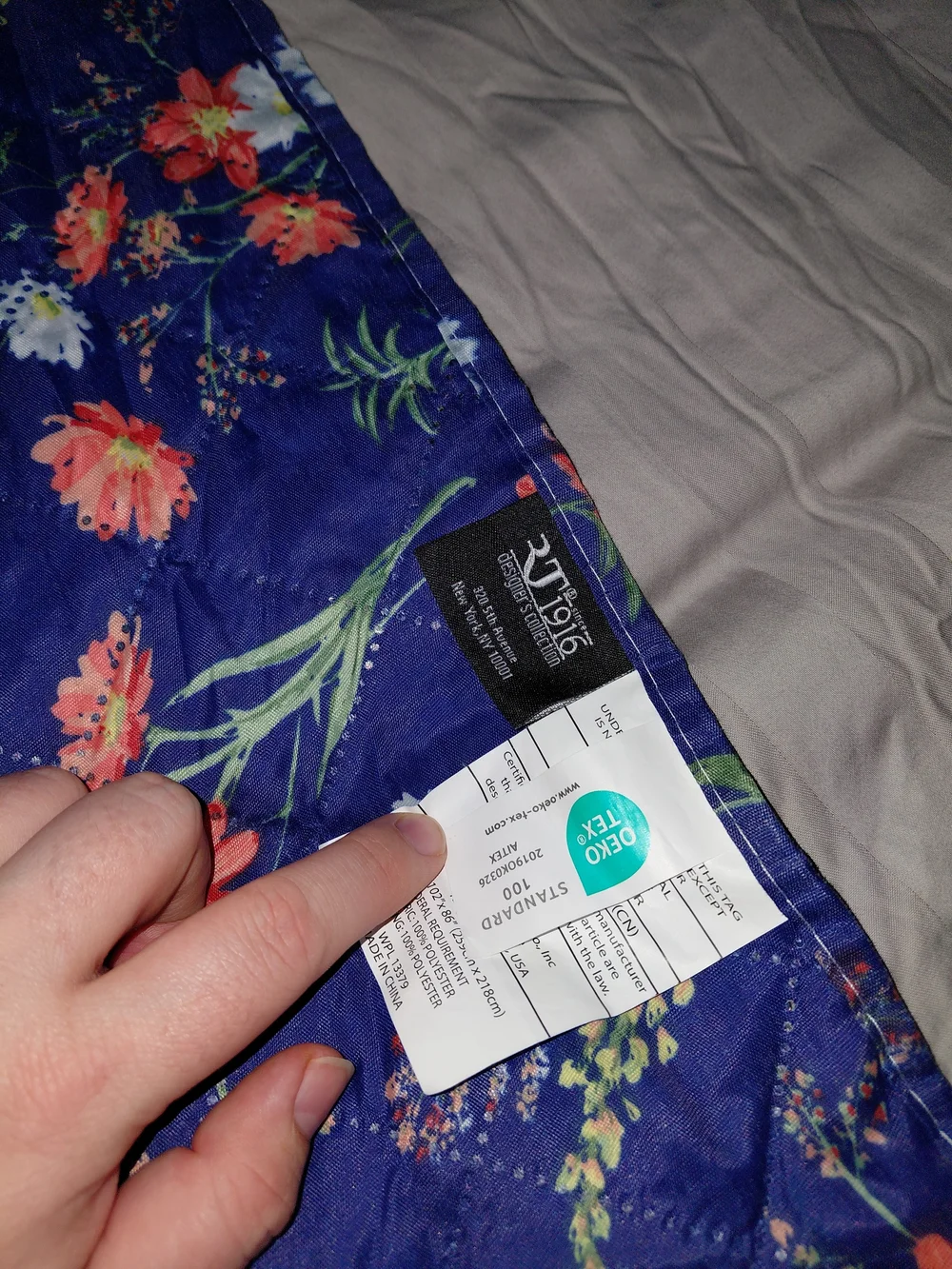 Navy Floral Quilted Bedspread with Coral & White Blooms